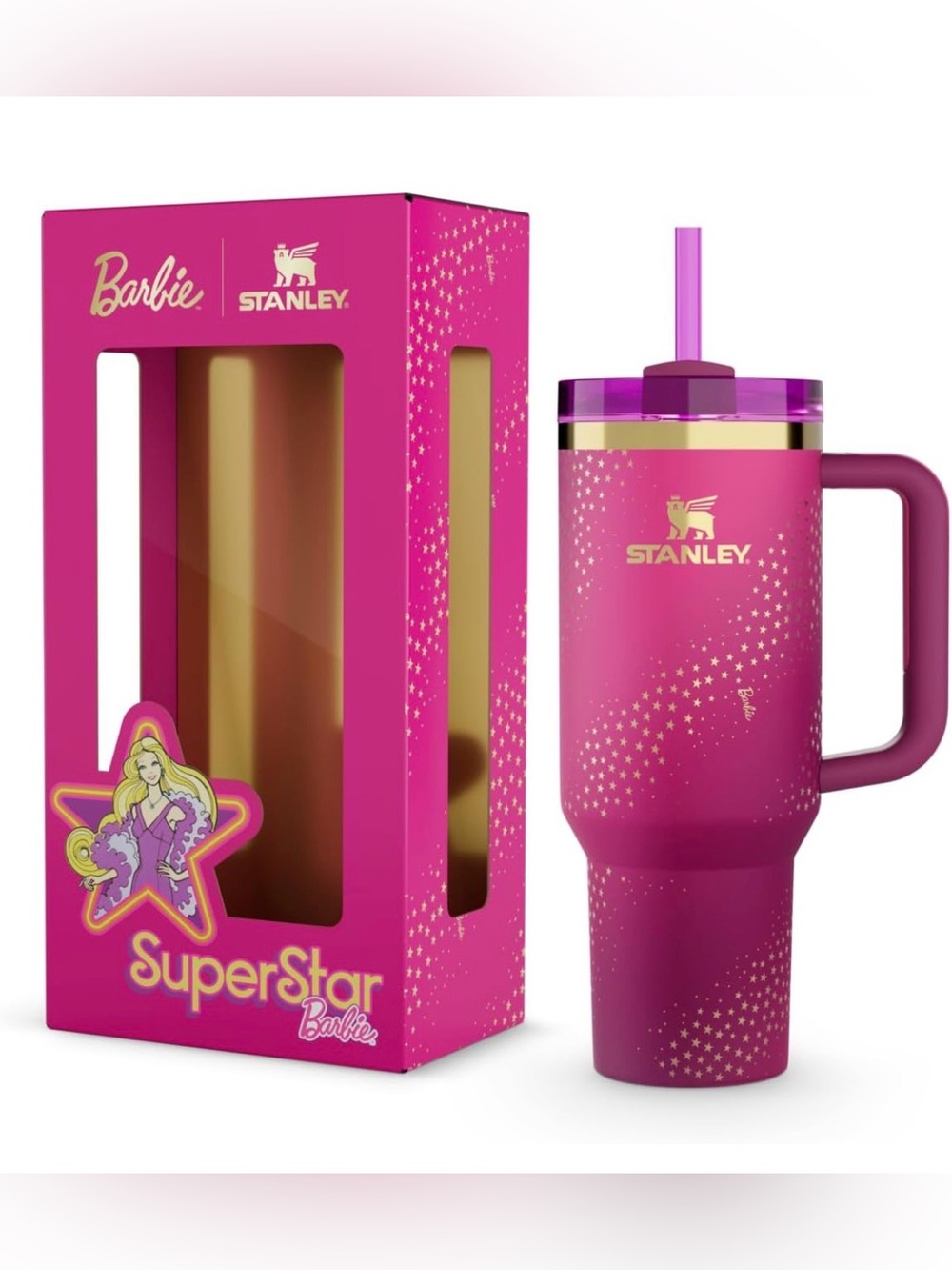 Stanley Barbie Hot Pink & Gold Superstar Travel Tumbler with Straw